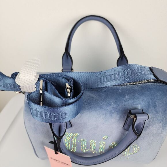 Juicy Couture Bag Obsession Satchel Slate Blue Velvet Rhinestones Purse Handbag - Picture 13 of 14